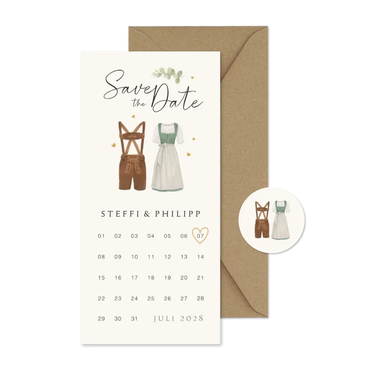 Save-the-Date-Karte Trachtenhochzeit Dirndl & Lederhose