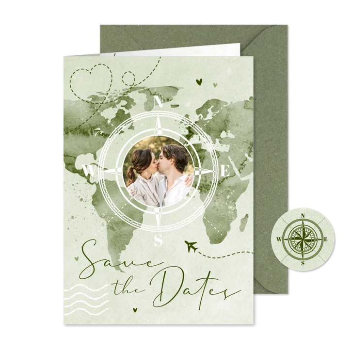 Save-the-Date-Karte Weltkarte & Foto