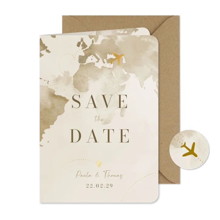 Save-the-Date-Karte Weltreise und Flugzeug mit Gold