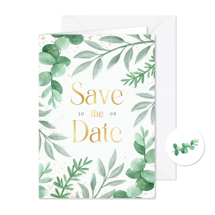 Save-the-Date-Karte zur Hochzeit Blattgrün & Text in Gold