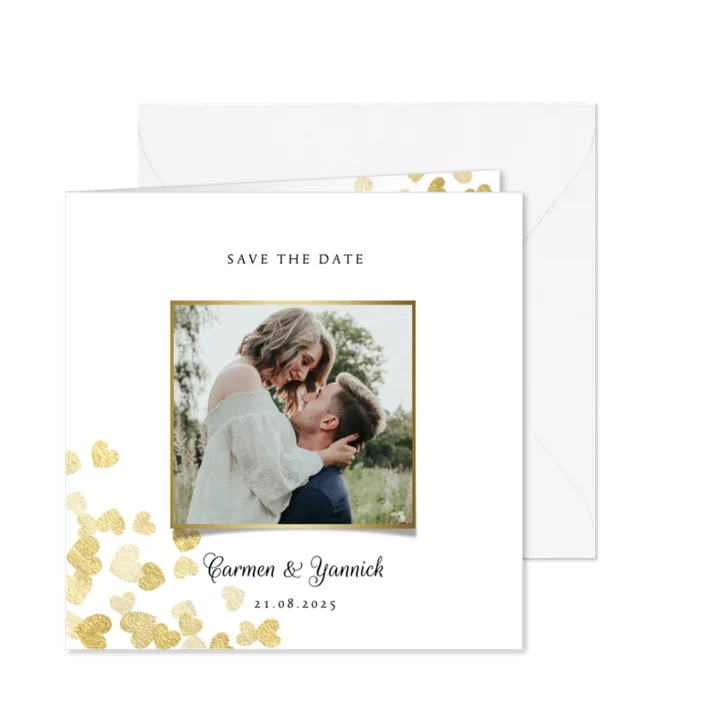 Save-the-Date-Karte zur Hochzeit Goldene Herzen