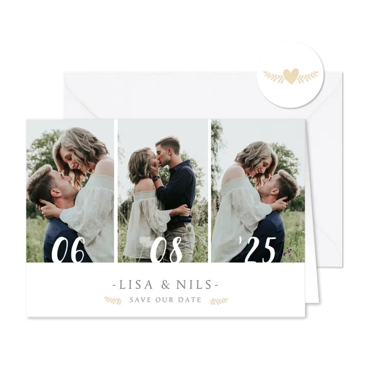 Save-the-Date-Karte zur Hochzeit mit eigenem Foto und Herzen
