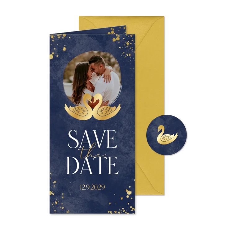 Save-the-Date-Karte zwei goldene Schwäne & Foto