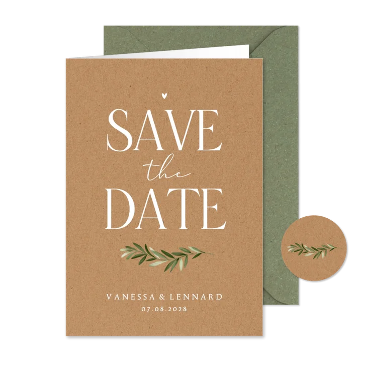 Save-the-Date-Karte Zweig auf Kraftpapier
