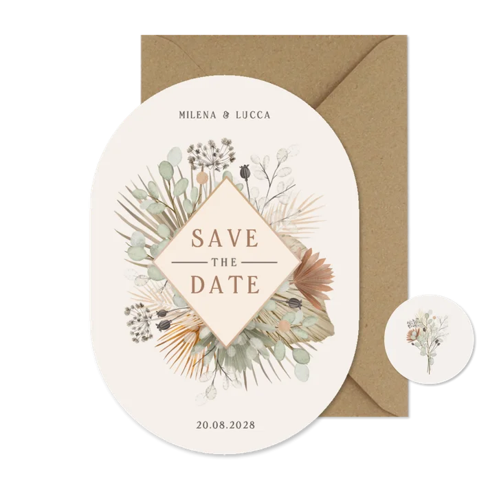Save-the-date Oval Hochzeit Trockenblumen