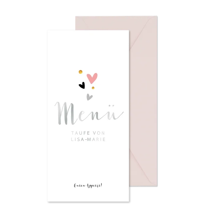 Schlichte Menükarte zur Taufe mit Herzen