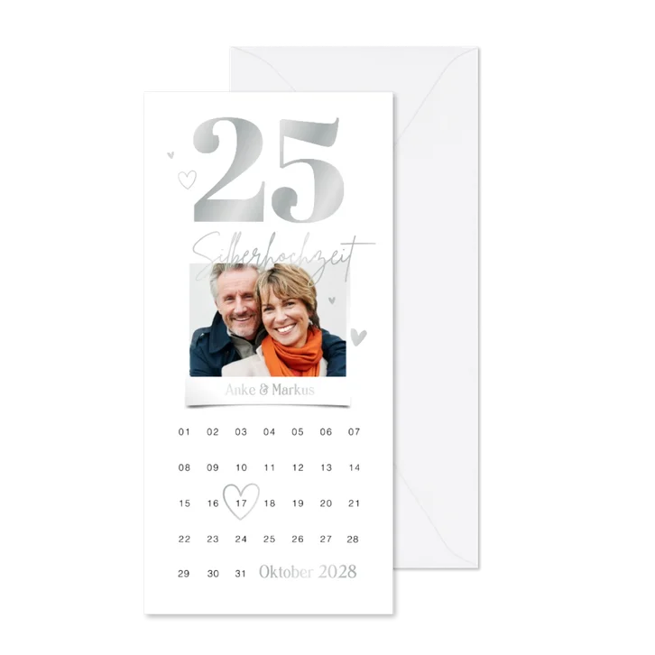 Silberhochzeit Einladungskarte 25 silber & Kalender