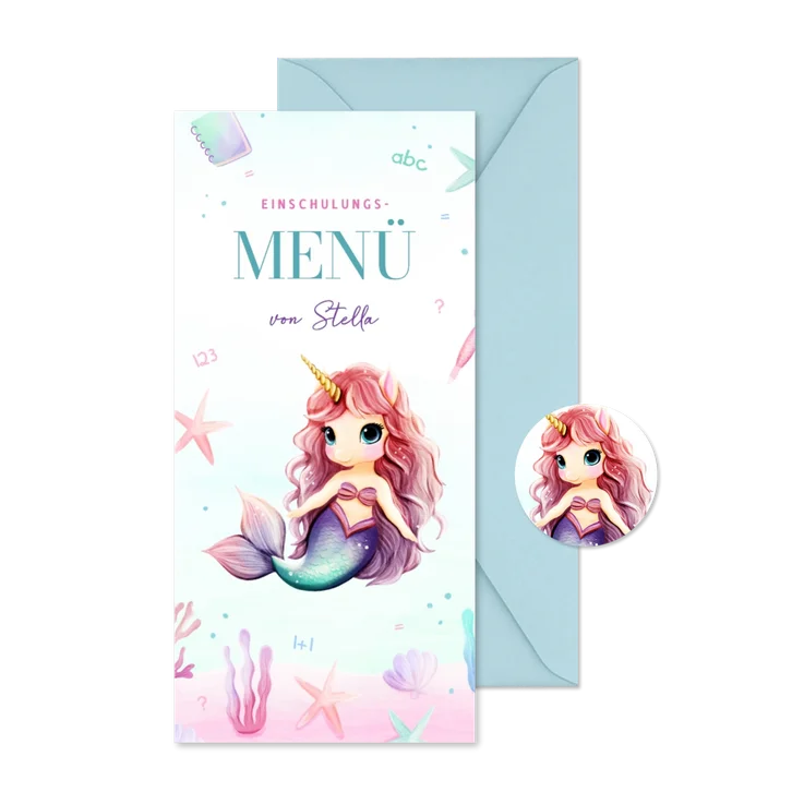 Speisekarte Einschulung Einhorn-Meerjungfrau