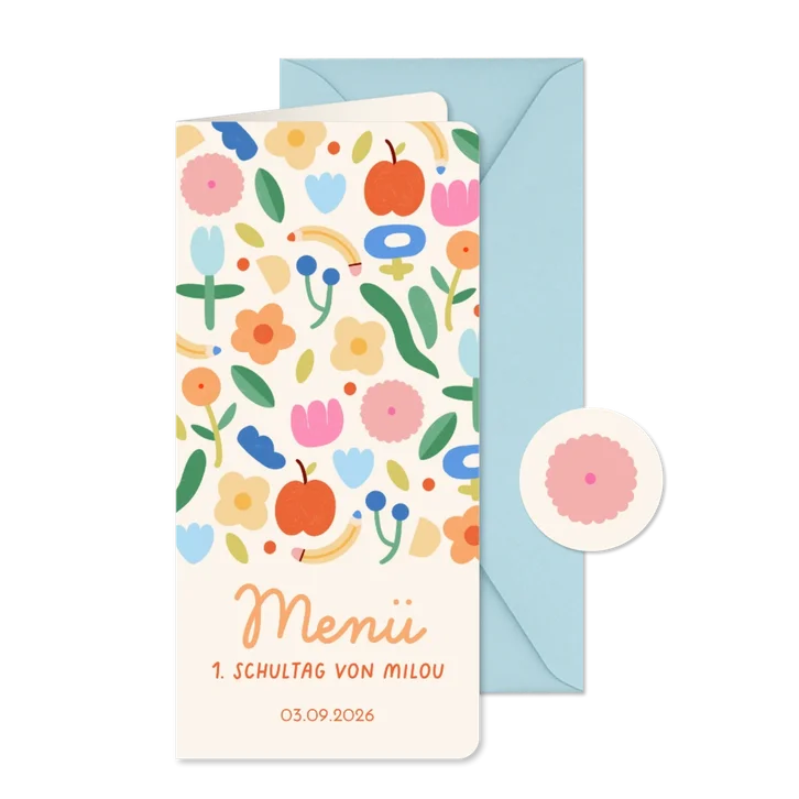 Speisekarte Einschulungsfeier buntes Blumenmuster