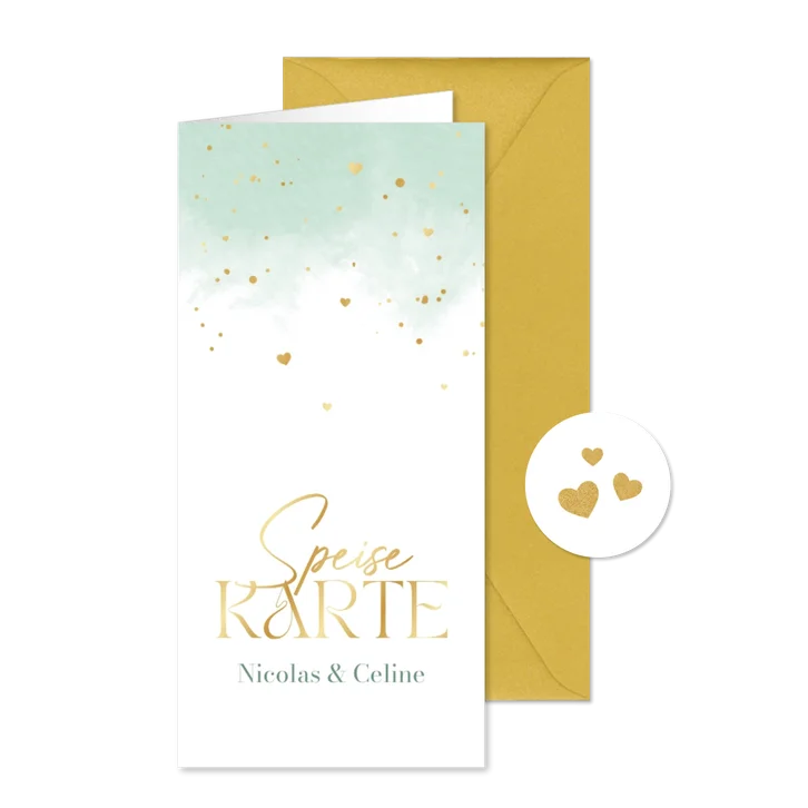 Speisekarte Hochzeit mintgrünes Aquarell & Goldherzchen