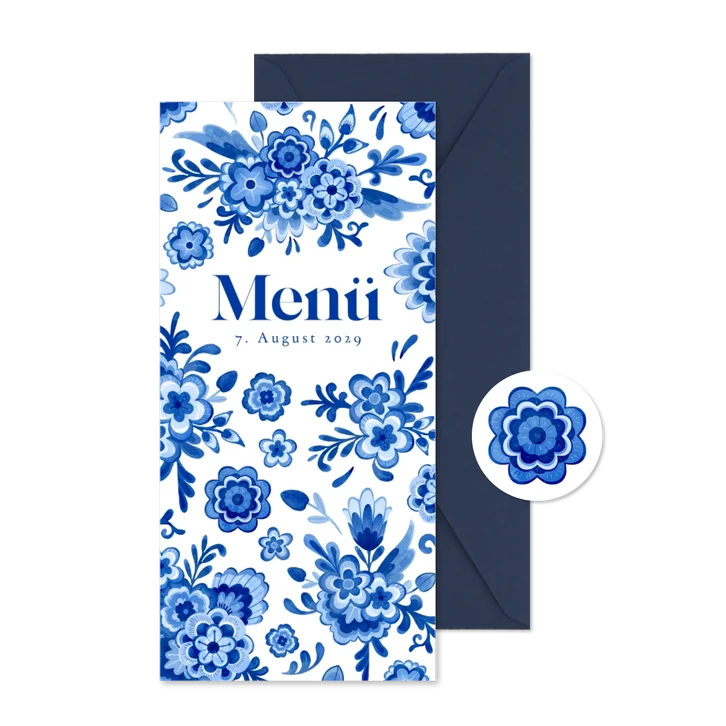Speisekarte Hochzeitsfeier Delfter Blau Blumendekor