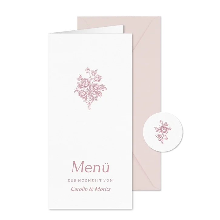Speisekarte Hochzeitsfeier romantische Rosen rosa