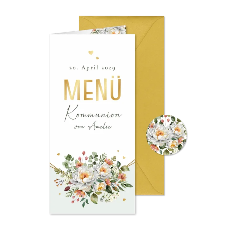 Speisekarte Kommunion Blumenbukett Golddruck