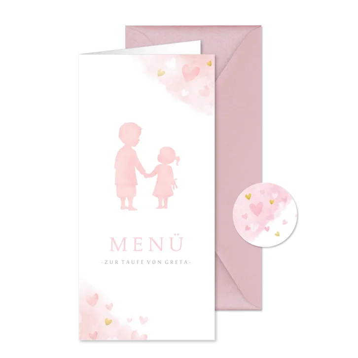 Speisekarte Taufe rosa großer Bruder und kleine Schwester