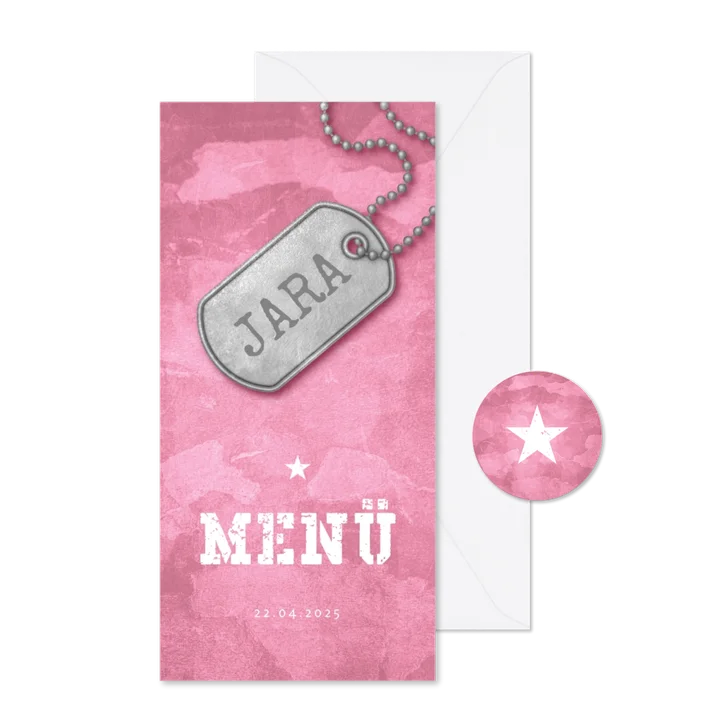 Speisekarte zur Konfirmation Militarylook rosa