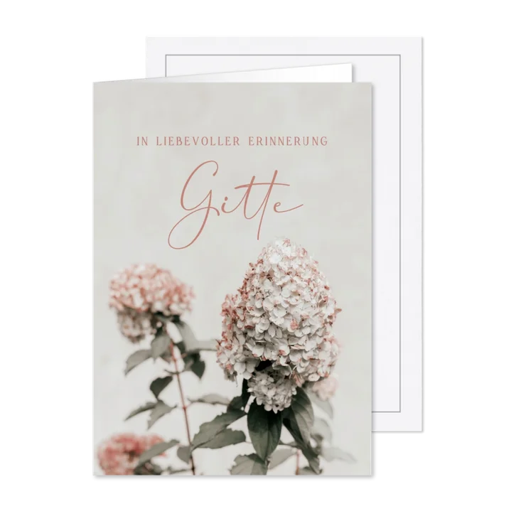 Sterbebild mit Fotografie von Hortensien