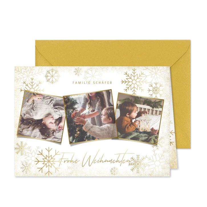 Stilvolle Weihnachtskarte goldene Schneeflocken & Fotos