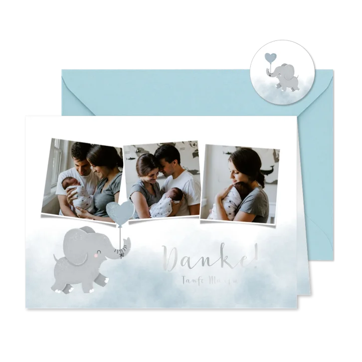 Taufe Dankeskarte blau Aquarell Elefant Luftballon & Fotos