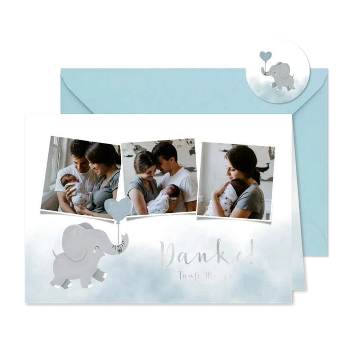 Taufe Dankeskarte blau Aquarell Elefant Luftballon & Fotos