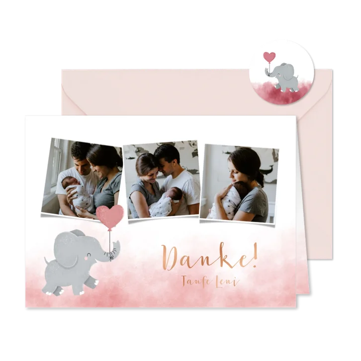 Taufe Dankeskarte rosa Aquarell Elefant Luftballon & Fotos