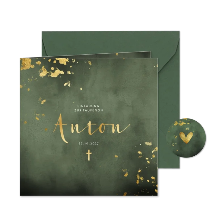 Taufeinladung Aquarell grün Goldkonfetti Foto innen