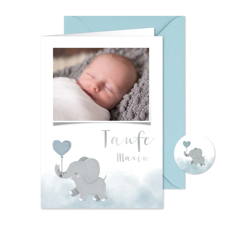 Taufeinladung blau Aquarell Elefant mit Luftballon & Foto