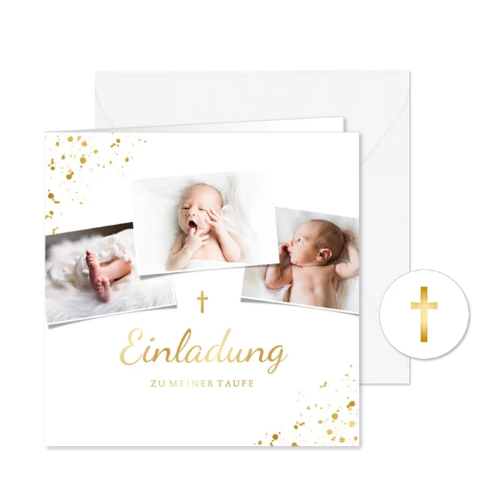 Taufeinladung eigene Fotos goldenes Kreuz