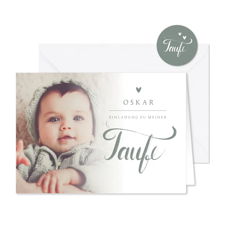 Taufeinladung Foto & Schreibschrift graugrün
