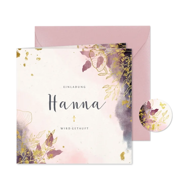 Taufeinladung Watercolour rosa botanisch