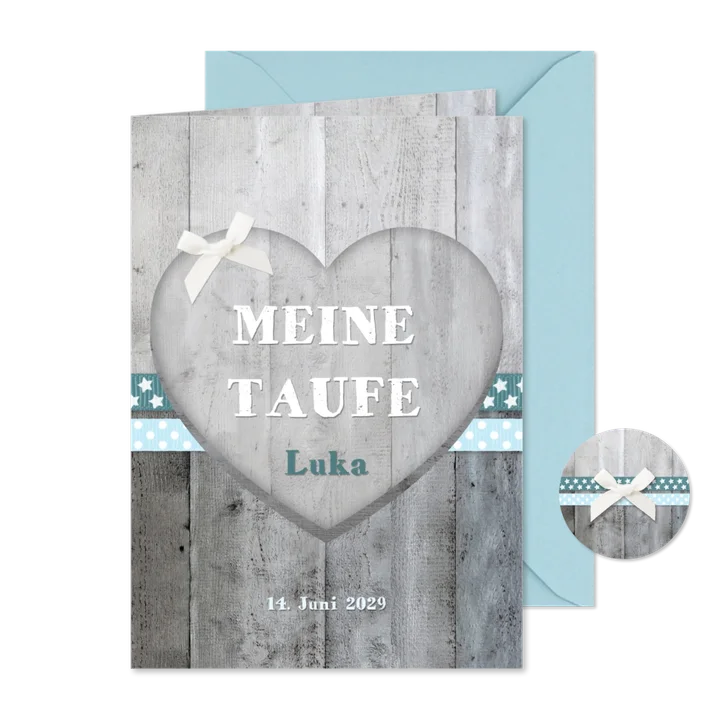 Taufheft Holzherz blaue Bänder