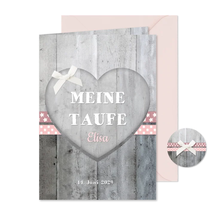 Taufheft Holzherz rosa Bänder
