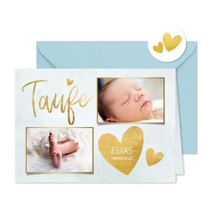 Taufkarte Einladung blau Fotos & Goldherzen