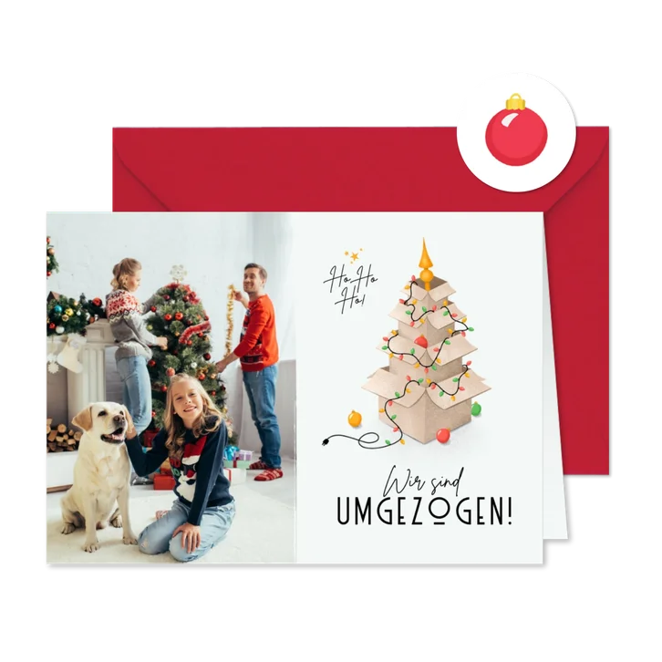 Umzugs-Weihnachtskarte Kartons mit Lichterkette