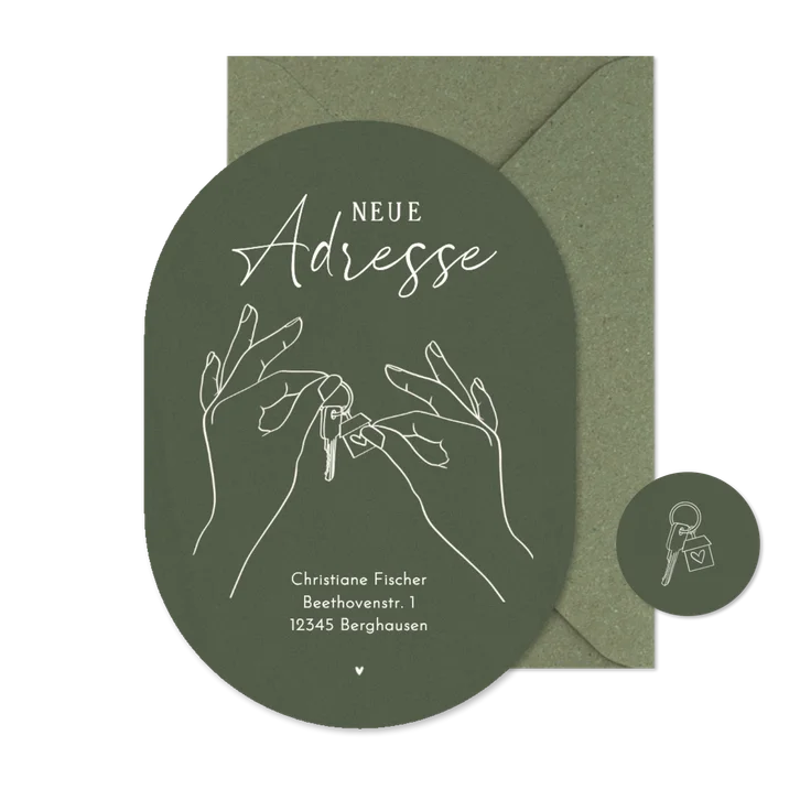Umzugskarte Hände mit Schlüsselbund olivgrün