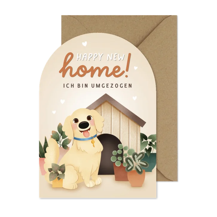 Umzugskarte Hund mit Hundehütte 'Happy New Home'