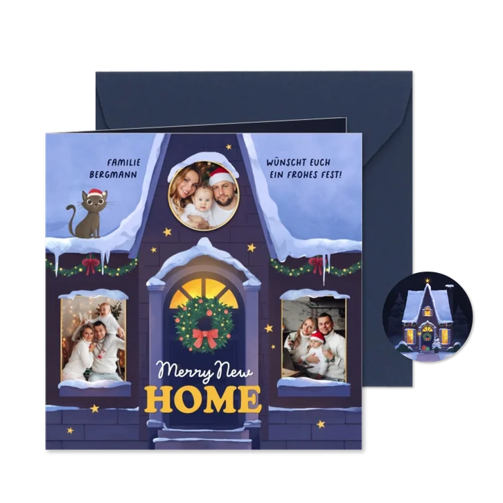 Umzugskarte Weihnachtshaus im Schnee Fotocollage