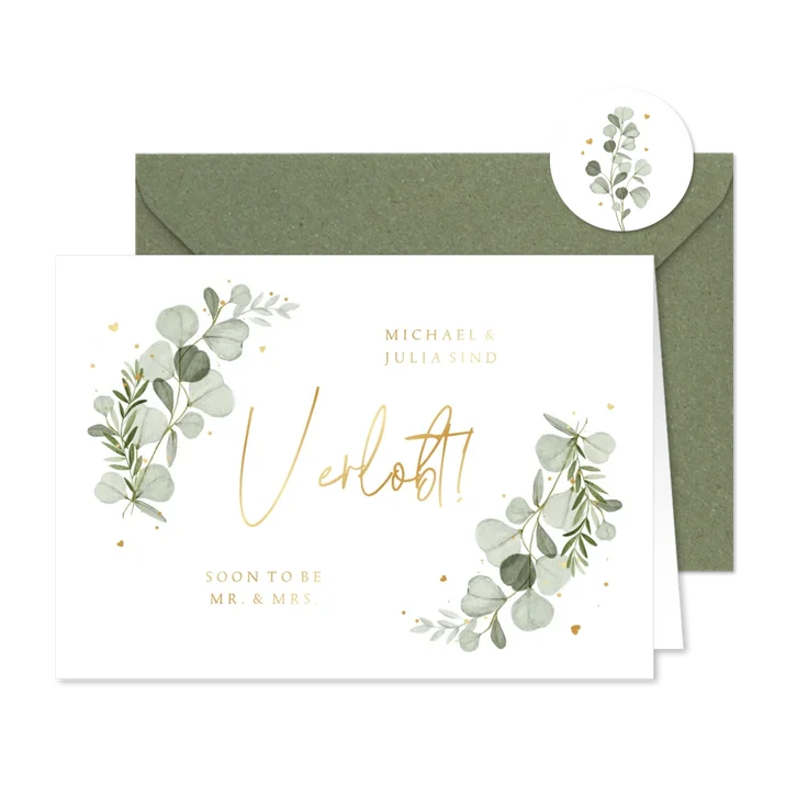 Verlobungskarte Aquarellzweige & Goldschrift