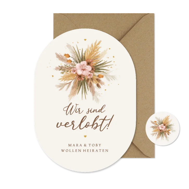 Verlobungskarte Einladung Boho Trockenblumegesteck oval