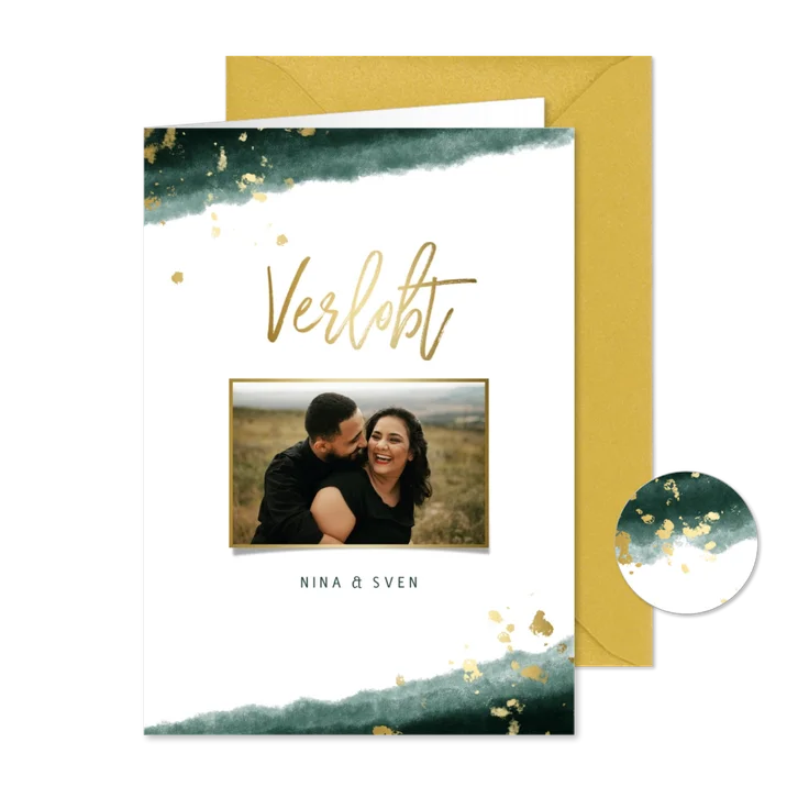 Verlobungskarte mit Foto in grün und gold 