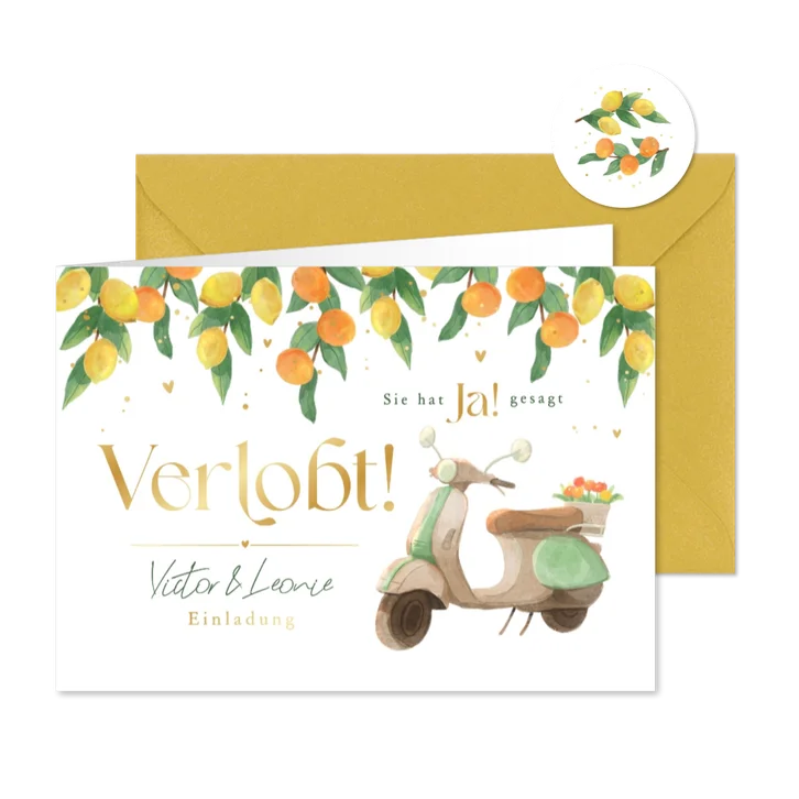 Verlobungskarte Motorroller & Zitrusfrüchte
