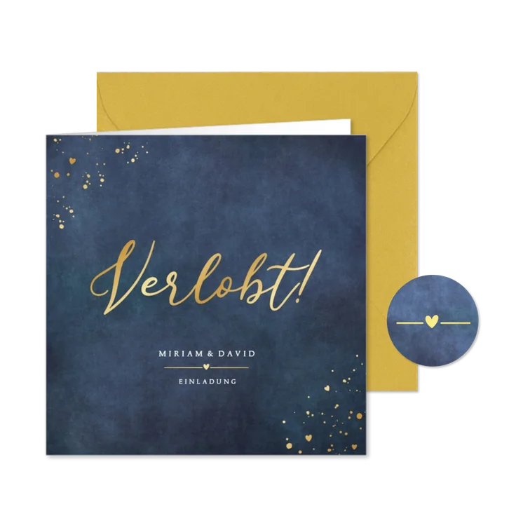 Verlobungskarte 'Verlobt!' Blau mit Gold