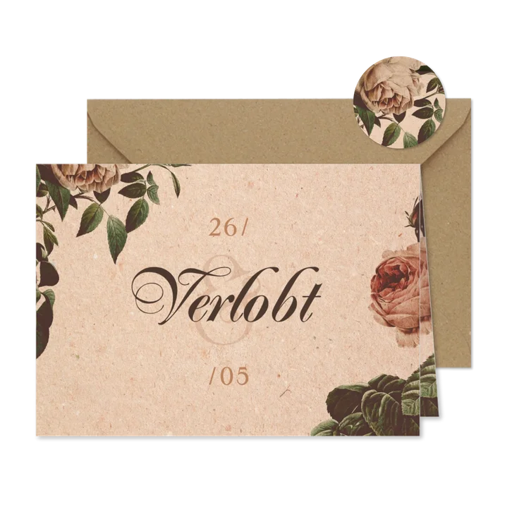 Verlobungskarte Vintagerosen auf Kraftpapier