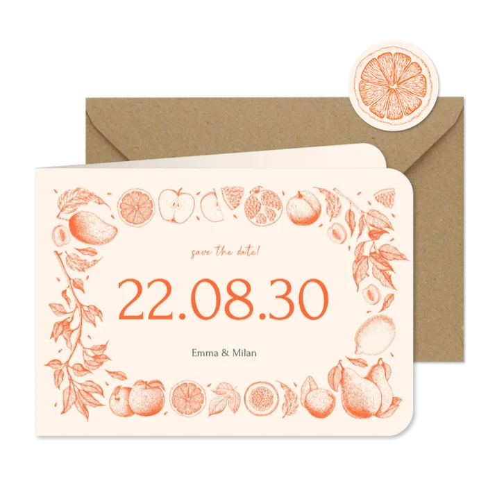 Vintage Save-the-Date Karte Früchte Linienzeichnung Hochzeit