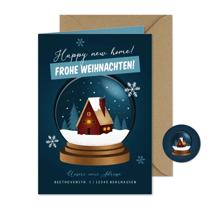 Weihnachts-Umzugskarte Schneekugel mit Haus