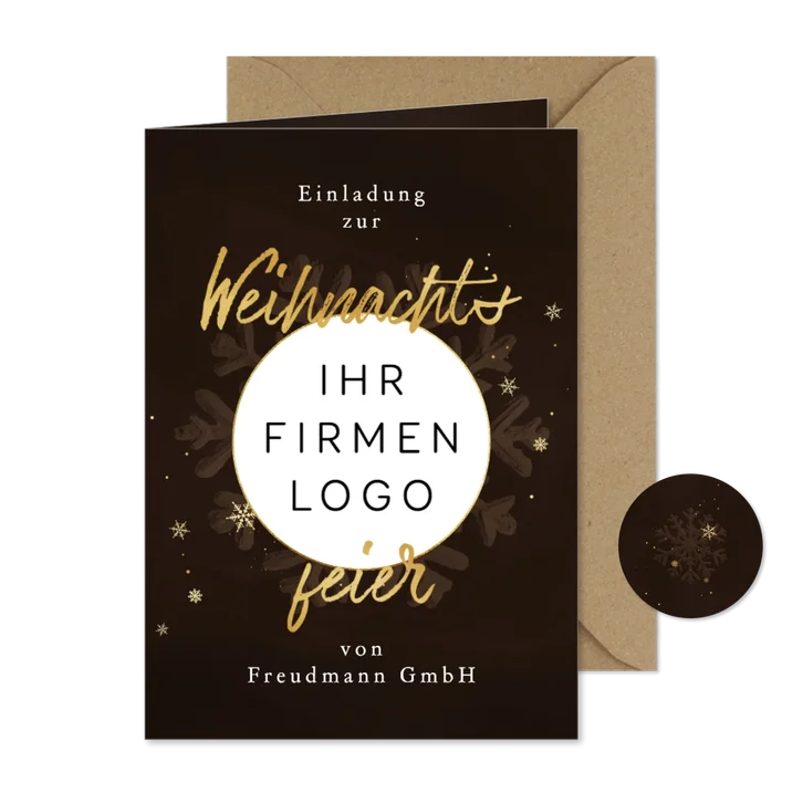 Weihnachtsfeier Einladung Firma Logo Schneekristall braun