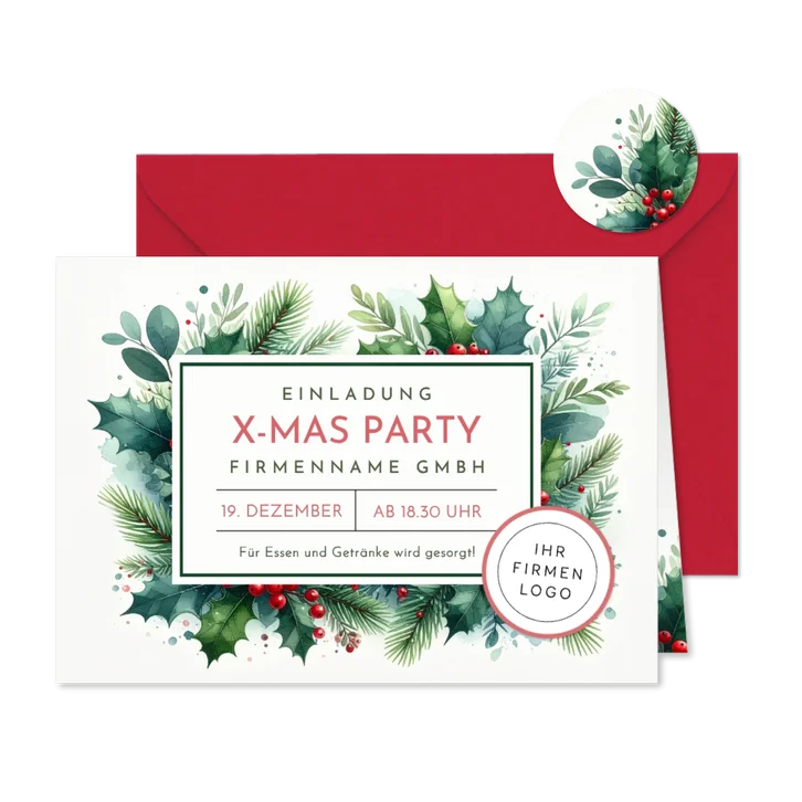 Weihnachtsfeier Einladungskarte Firma botanisch Aquarell