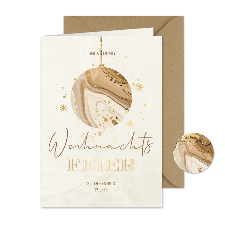 Weihnachtsfeier Einladungskarte Mamor Weihnachtskugel beige