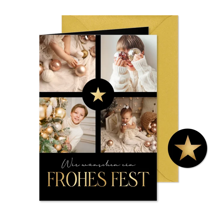 Weihnachtsgrüße Fotocollage Goldschrift auf Schwarz