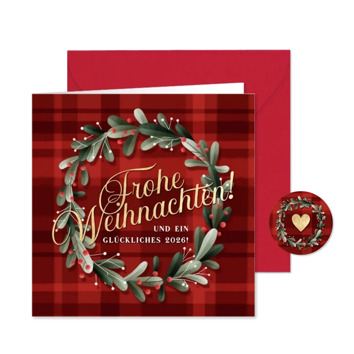 Weihnachtsgrußkarte Kranz auf Tartanmuster