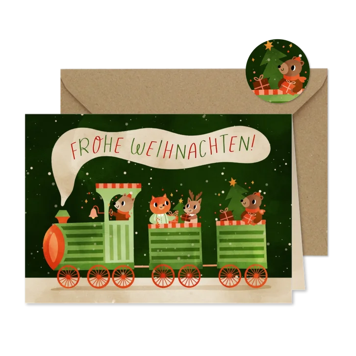 Weihnachtsgrußkarte lustiger Zug mit Tieren